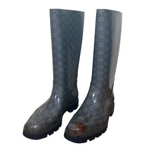 Gucci GG Monogram Clear Grey Blue Rubber Rain Boots Size 40 Made in Italy